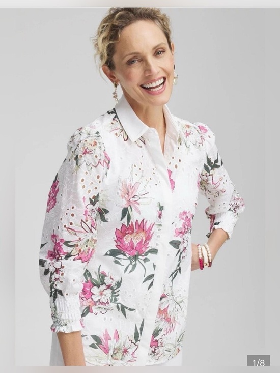 Chico's Tops - Chicos White Eyelet Floral Button-Up Cotton Top 6
